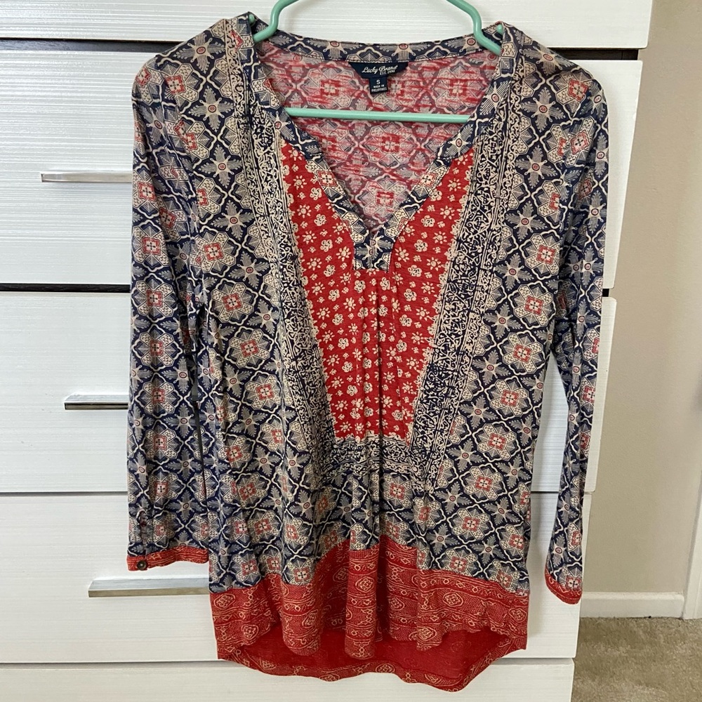 Lucky Brand Boho Blouse V-Neck Tunic Top 3/4 Sleeve Size Small